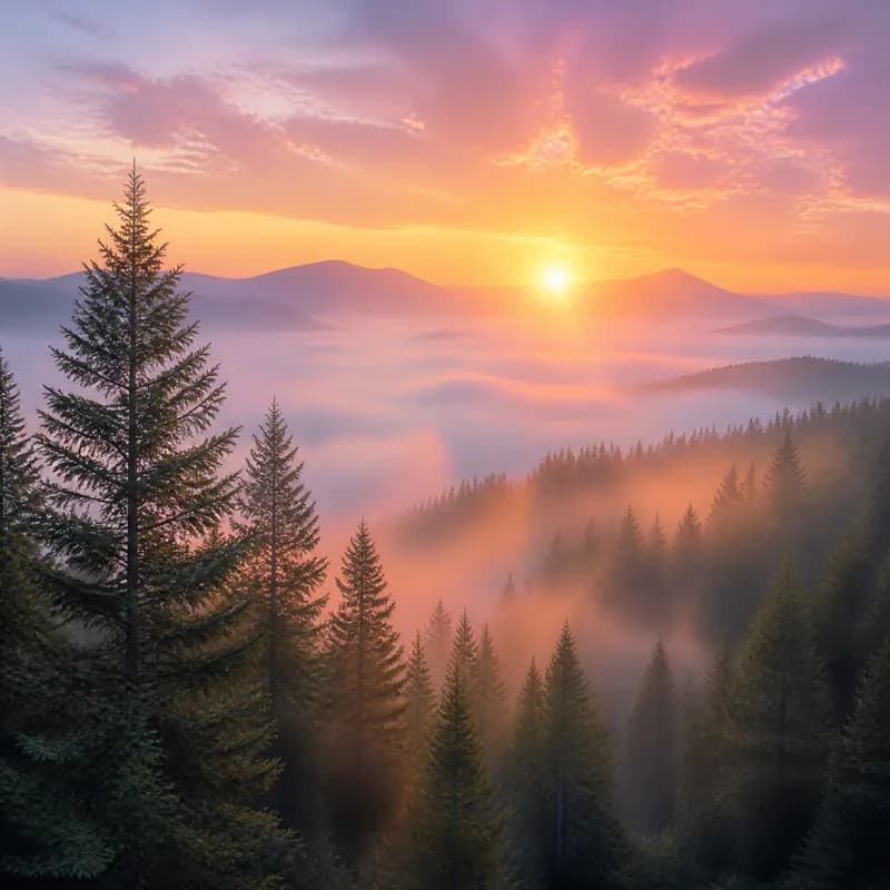 Ethereal Dawn Over Pines