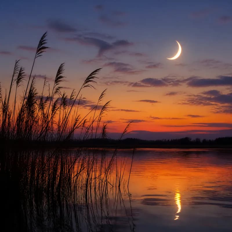 Crescent Glow Over Reeds